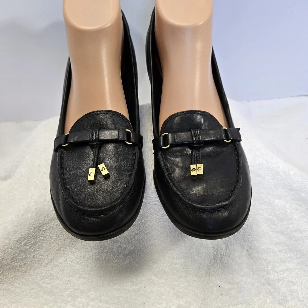 Lauren Ralph Lauren Rory Black  Leather Tassel Loafer Wedge Heels Women 9.5 B